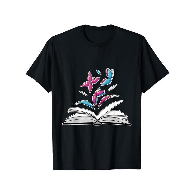 Book and Butterflies Graphic T-Shirt - 100% Cotton, Casual Crew Neck, Short Sleeve, All-Season Comfort, Printed Design,...