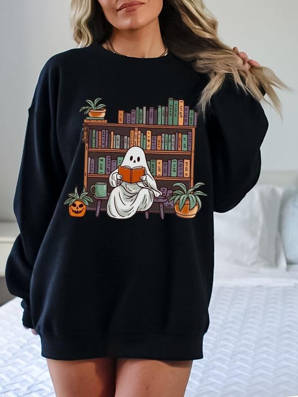 Bookish Ghost Sweater Spooky Library Sweatshirt for Book Lover Reading Sweatshirt Cottagecore Pumpkin Crewneck Librarian...