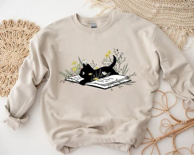 Bookish Sweatshirt, Book Lover Sweatshirt, Gift for Cat Lover, Cute Cat Book Sweatshirt, Librarian Gifts For Women,...