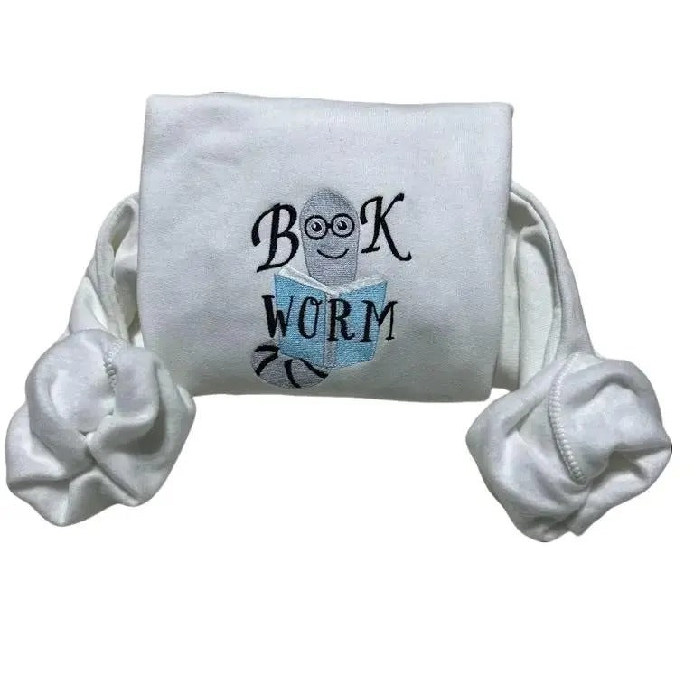Bookworm Teacher Embroidered sweatshirt; Cotton Casual cute worm embroidered crewneck T-Shirts, Hoodie | UrbanDripWear.com