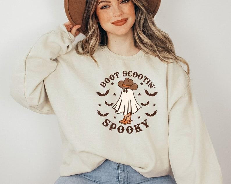Boot Scootin Spooky Sweatshirt, Cute Spooky Sweatshirt, Halloween Gift, Halloween Sweatshirt,Cowboy Ghost Shirt,Western...