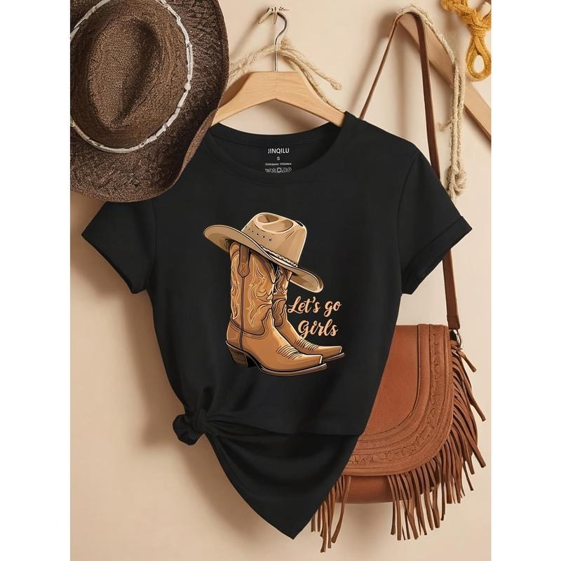 Boots Print Crew Neck T-Shirt, Casual Short Sleeve Top For Spring & Summer, Women's Clothing Hoodie, Sweatshirt