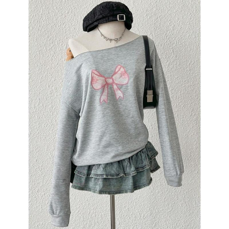 Bow Graphic Off the Shoulder Sweatshirt Y2k Long Sleeve Pullover Top T-Shirts, Hoodie | UrbanDripWear.com