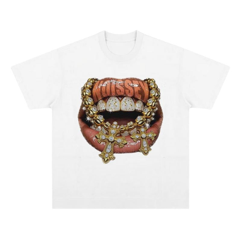 Boxy T-shirt Golden Diamond Jewelry Grills Print T-Shirt, Vintage Graphic Tee, Y2k Clothing, Unisex Cotton Crewneck...