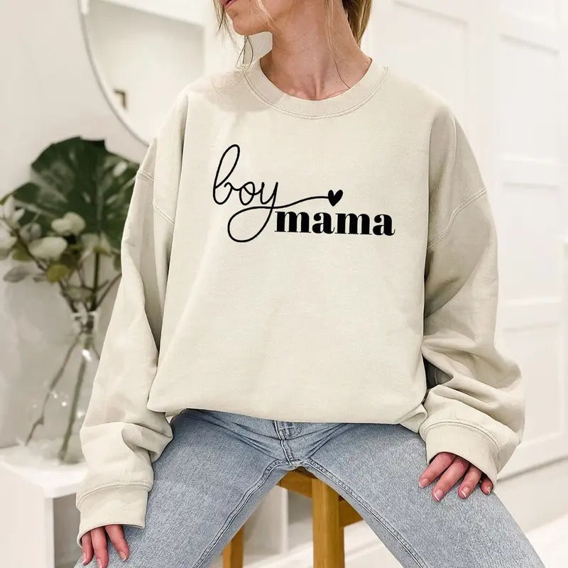 Boy Mama Crewneck Sweatshirt, Minimalist Sweatshirts for Mama, Trendy Crewneck Mothers Day Long Sleeve Shirts Hoodie
