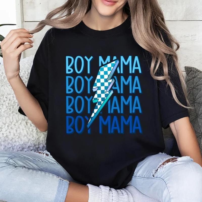 Boy Mama Shirt, In My Boy Mama Era T-shirt, Cool Moms Graphic Printed Tee, Boy Mama Checkered Lightning Soft Fabric Short...