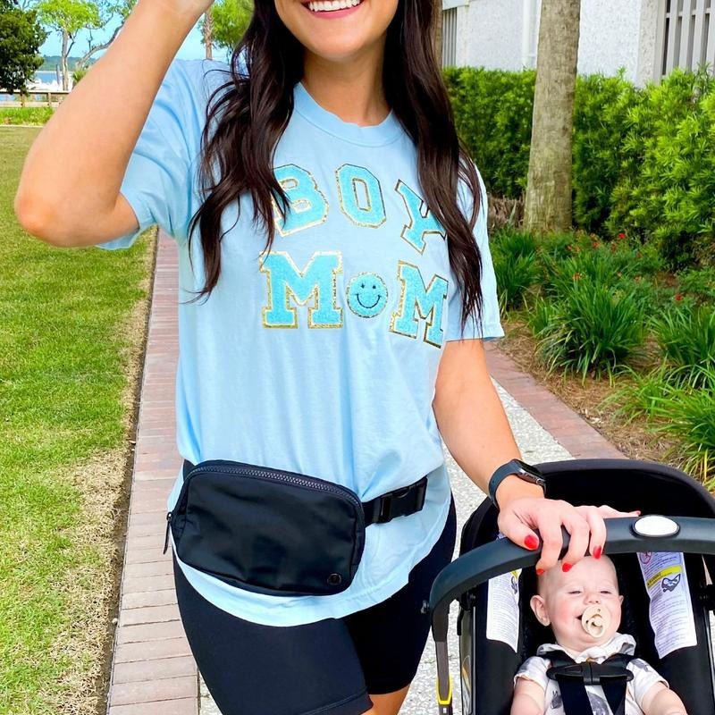 'Boy Mom' Letter Patch T-Shirt Hoodie, Sweatshirt | UrbanDripWear.com