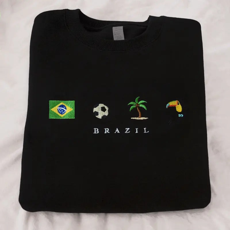 Brazil Embroidered Sweatshirt, Black, Crewneck, Flag, Soccer, Beach, Palm Tree, Toucan, Portuguese, Futebol, Latin,...
