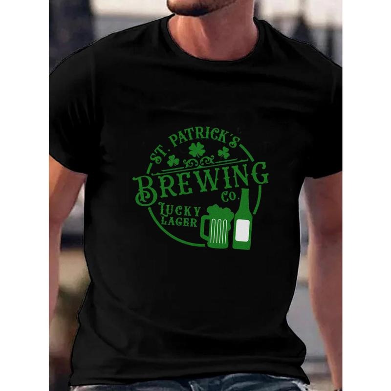 'Brewing' St. Patrick's Day Print Men's Graphic Tee, Breathable Short Sleeve Casual T-Shirt For Big & Tall Guys Made in...