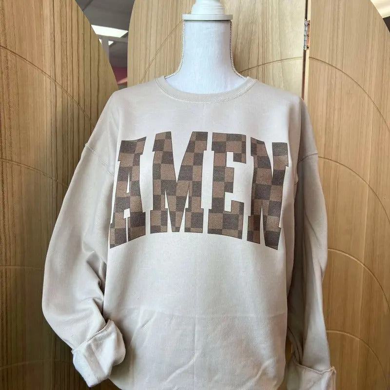 Brown Checkered AMEN Sweatshirt or TShirt- Christian Apparel Hoodie | UrbanDripWear.com