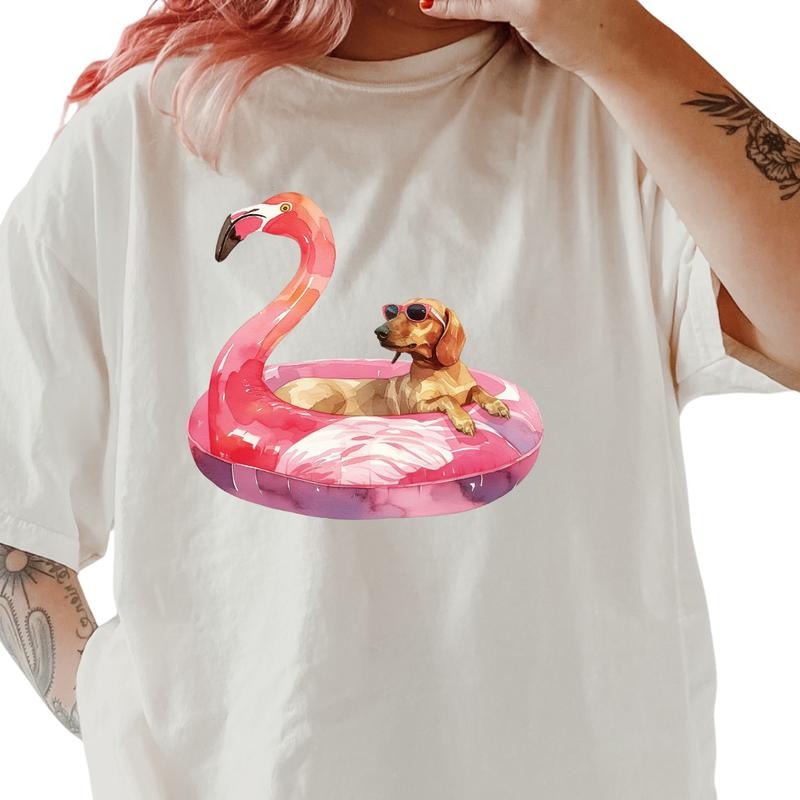 Brown Short Haired Dachshund Flamingo Float Dog Shirt ~ Unisex Apparel Relaxed Fit Printed In The USA Clothing Womenswear...