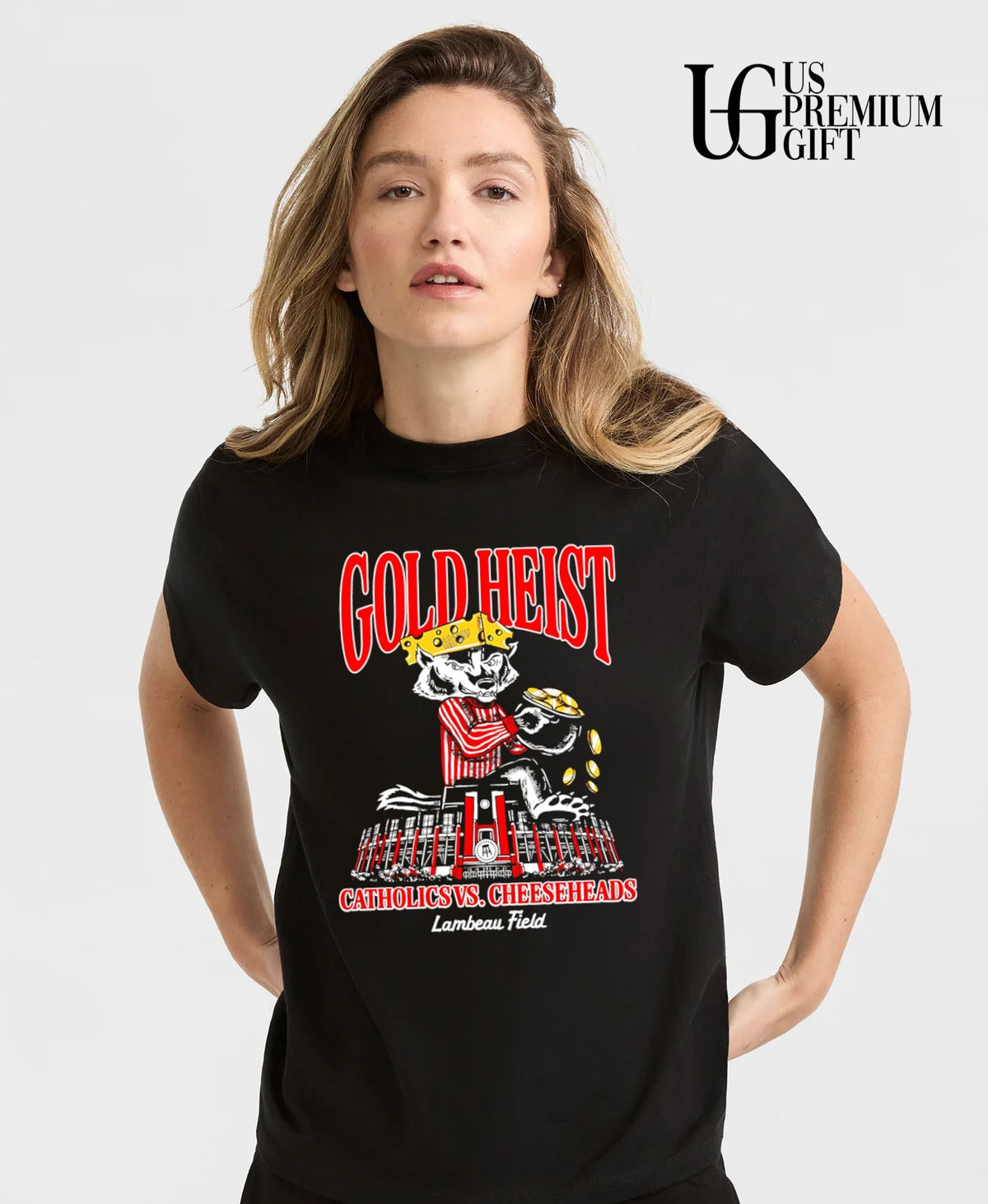 Bucky Badger Gold Heist Catholics vs. Cheeseheads mascot shirt