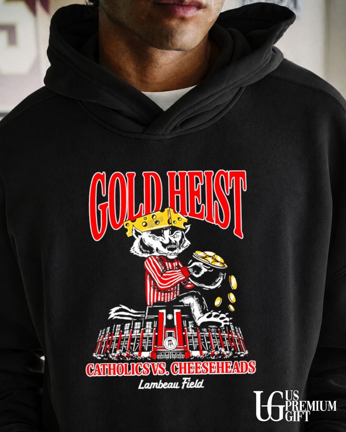 Bucky Badger Gold Heist Catholics vs. Cheeseheads mascot shirt