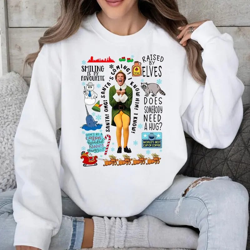 Buddy Elf Christmas Quotes Sweatshirt - Festive Graphic, Holiday Hoodie with Classic Buddy Elf Phrases, Perfect for...