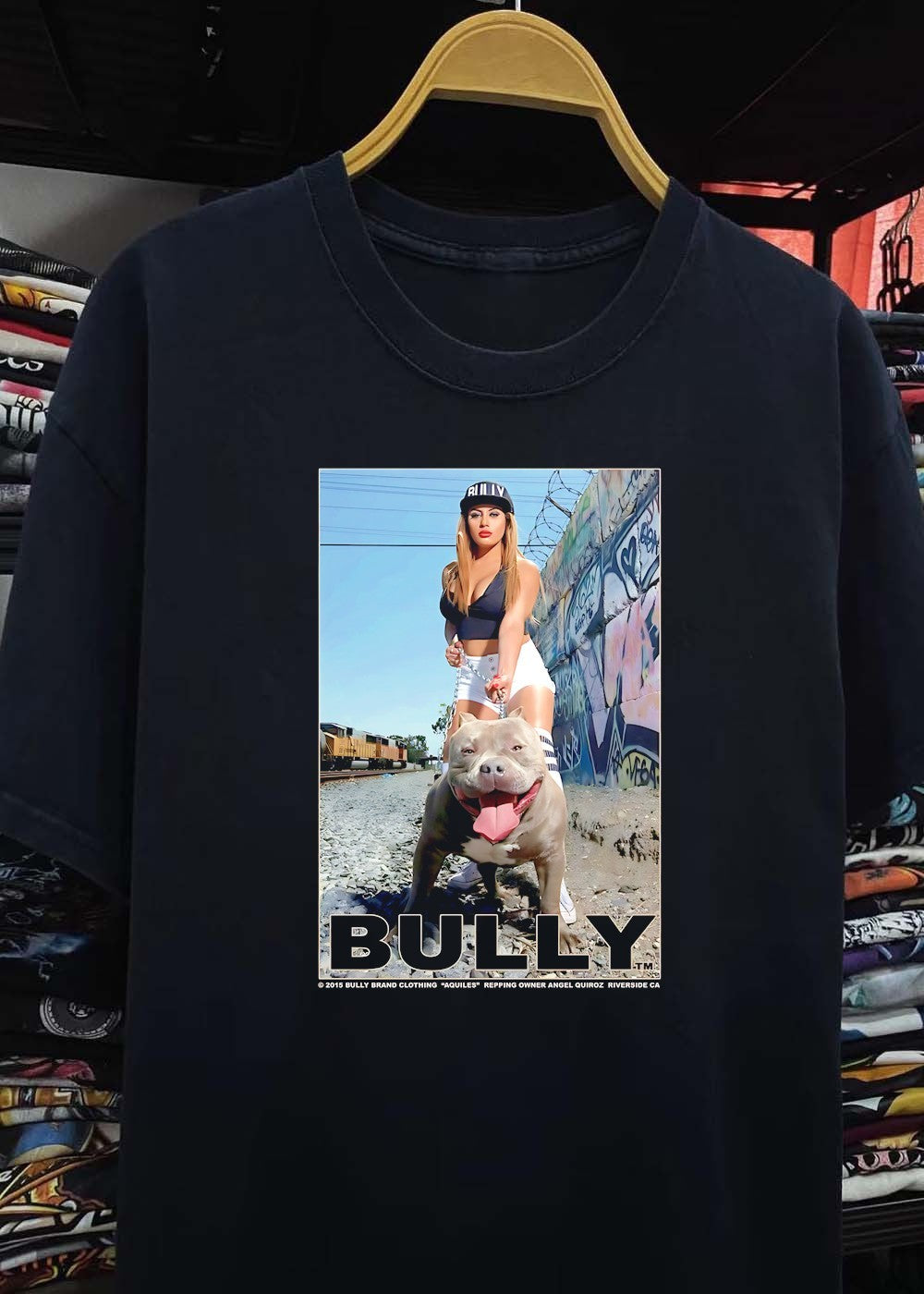 Bully Brand Clothing Aquiles Repping Owner Angel Quiroz Riverside CA Woman With Pitbull Bully T-Shirt