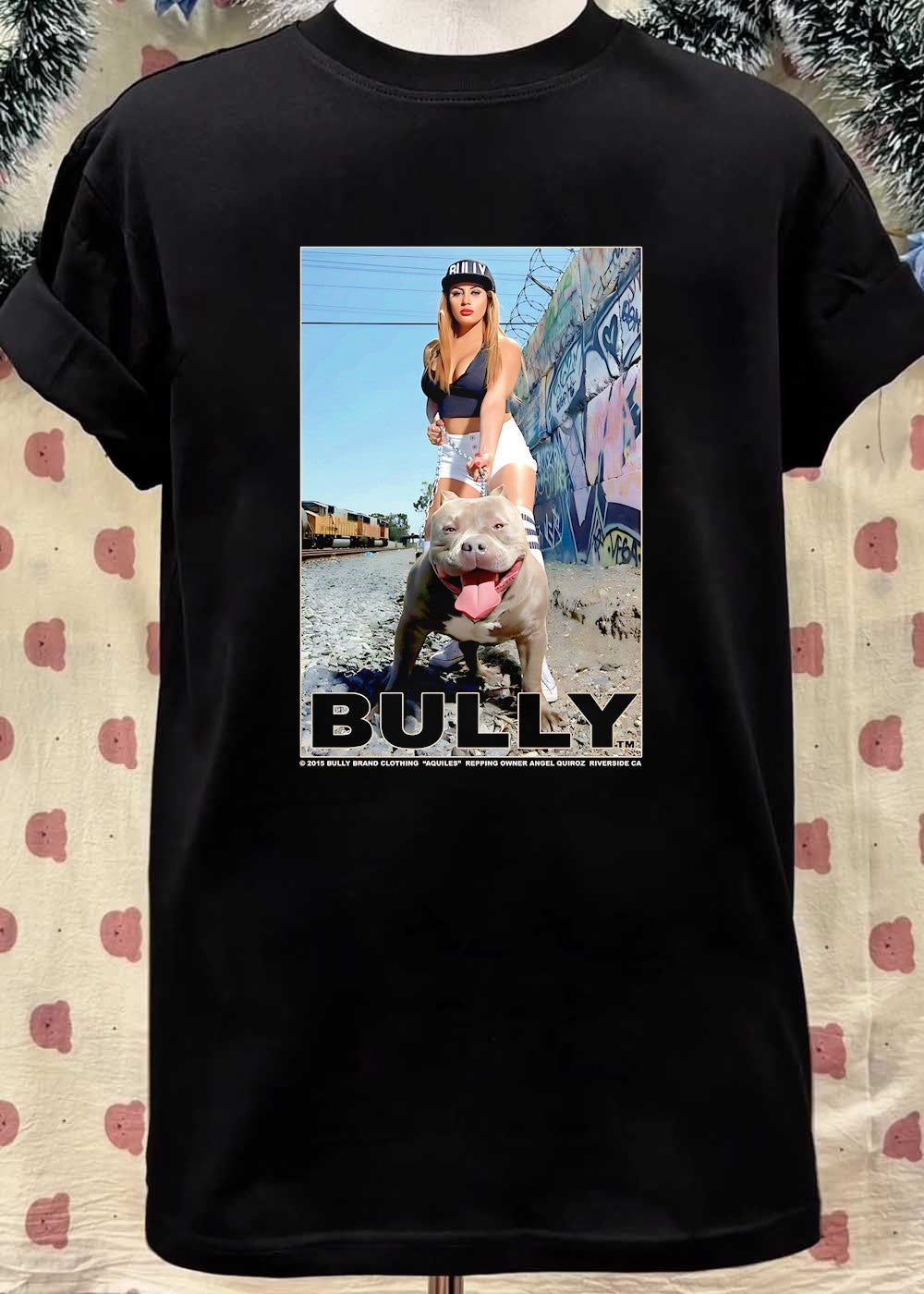 Bully Brand Clothing Aquiles Repping Owner Angel Quiroz Riverside CA Woman With Pitbull Bully T-Shirt