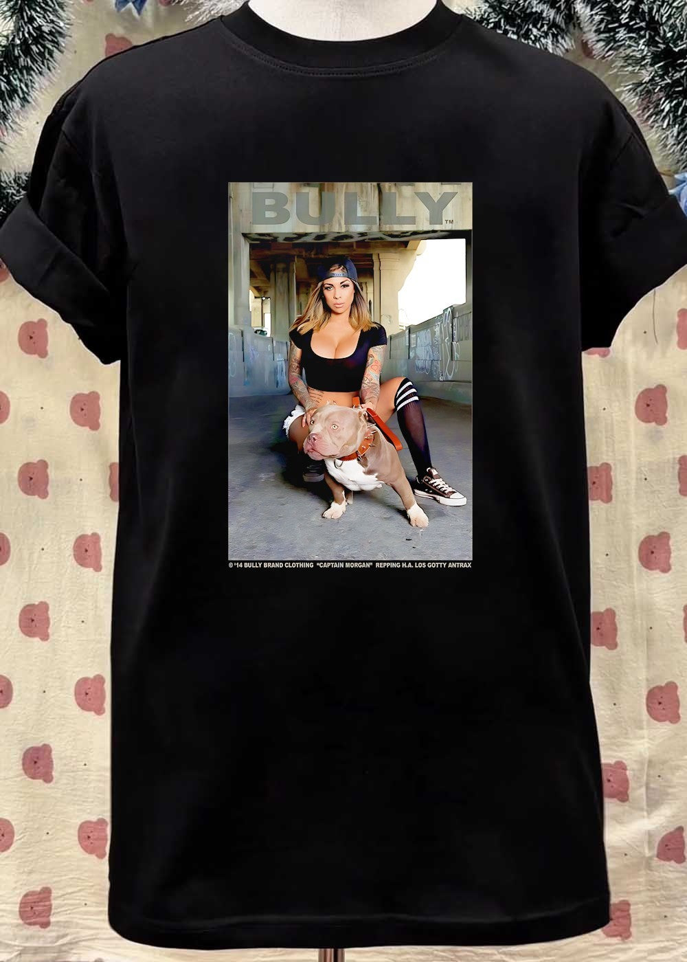 Bully Brand Clothing Captain Morgan Repping HA Los Gotty Antrax Woman Kneeling with Pitbull Shirt