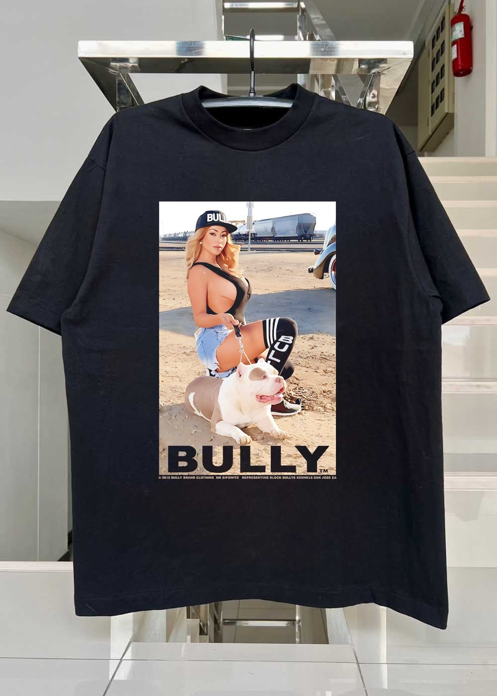 Bully Brand Clothing Mr Sipowitz Representing Block Bullys Kennels San Jose CA Woman Kneeling with Pit Bull Dog T-Shirt