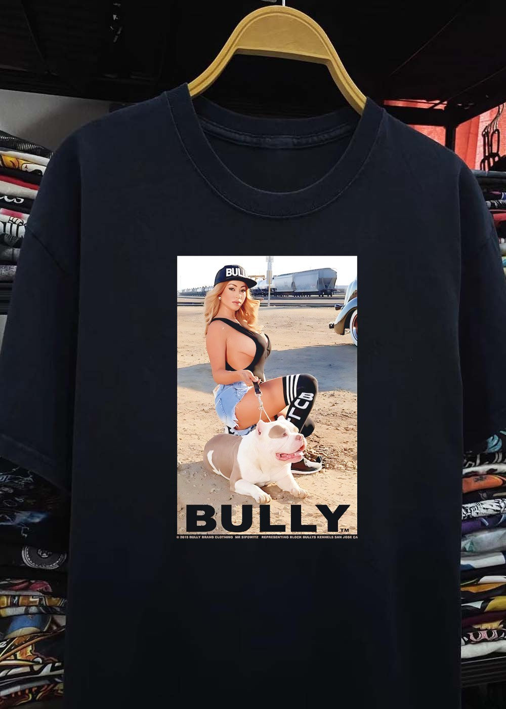 Bully Brand Clothing Mr Sipowitz Representing Block Bullys Kennels San Jose CA Woman Kneeling with Pit Bull Dog T-Shirt