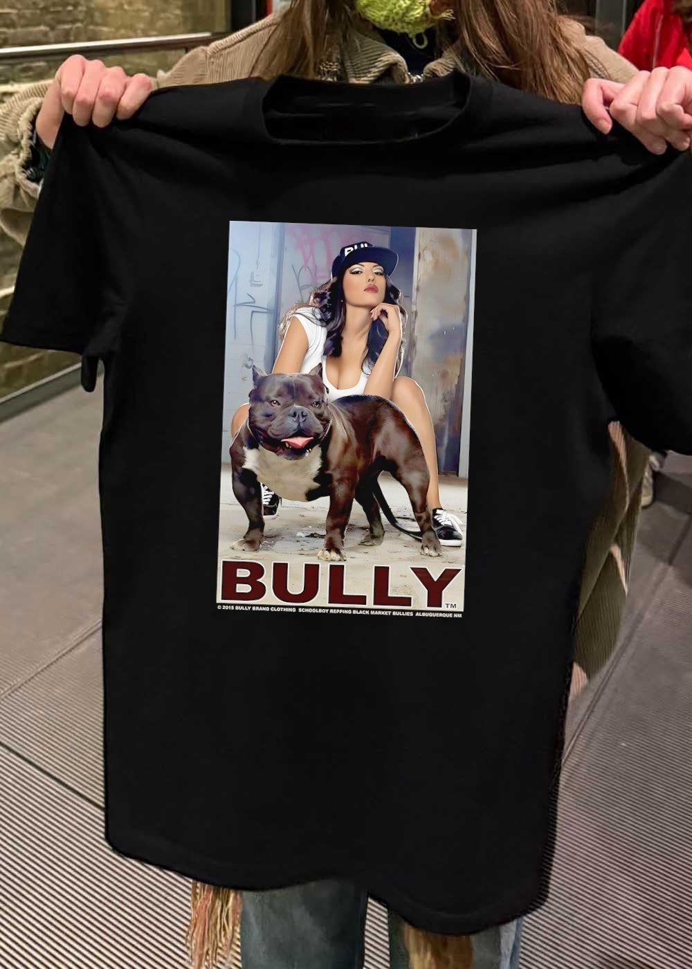 Bully Brand Clothing Schoolboy Repping Black Market Bullies Albuquerque NM Woman Posing with Muscular Pitbull T-Shirt