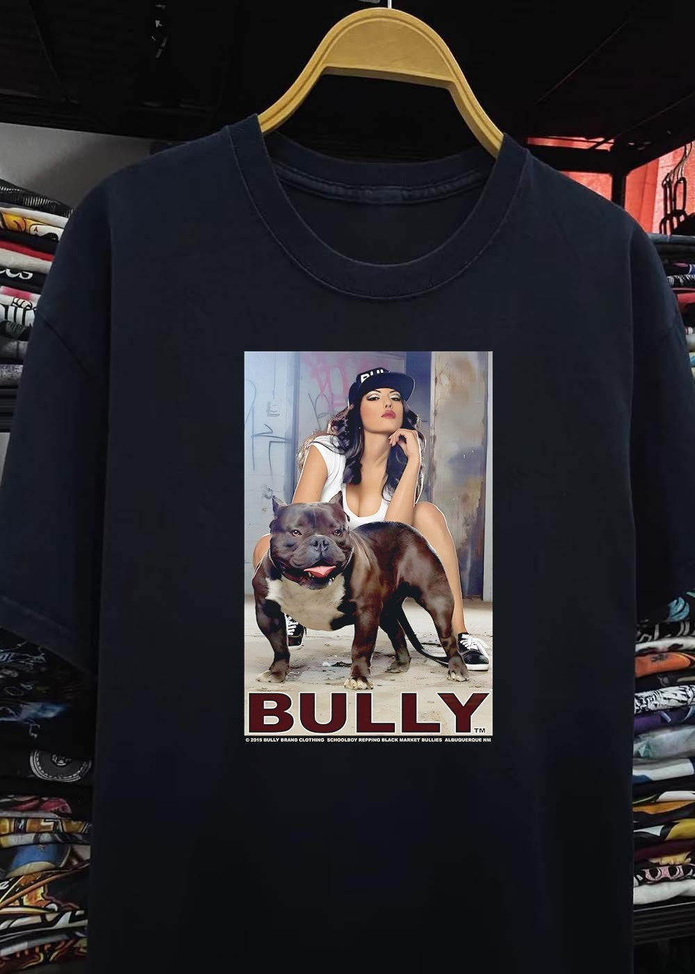 Bully Brand Clothing Schoolboy Repping Black Market Bullies Albuquerque NM Woman Posing with Muscular Pitbull T-Shirt