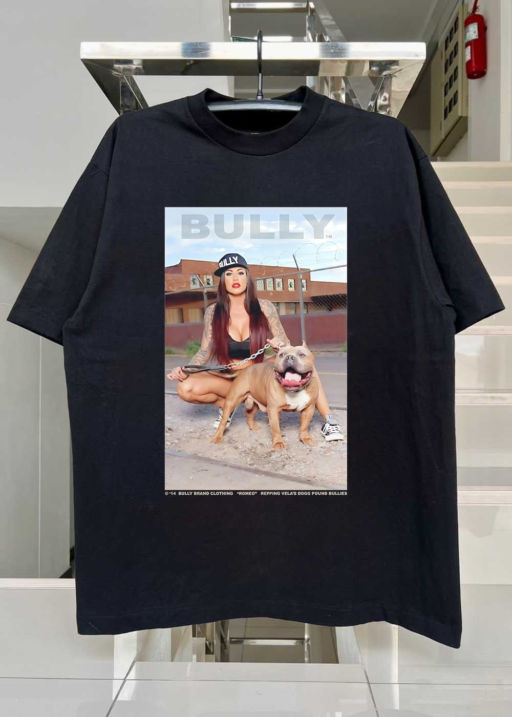 Bully Brand Clothing Woman Holding American Bully Dog Repping Velas Dogg Pound Bullies T-Shirt