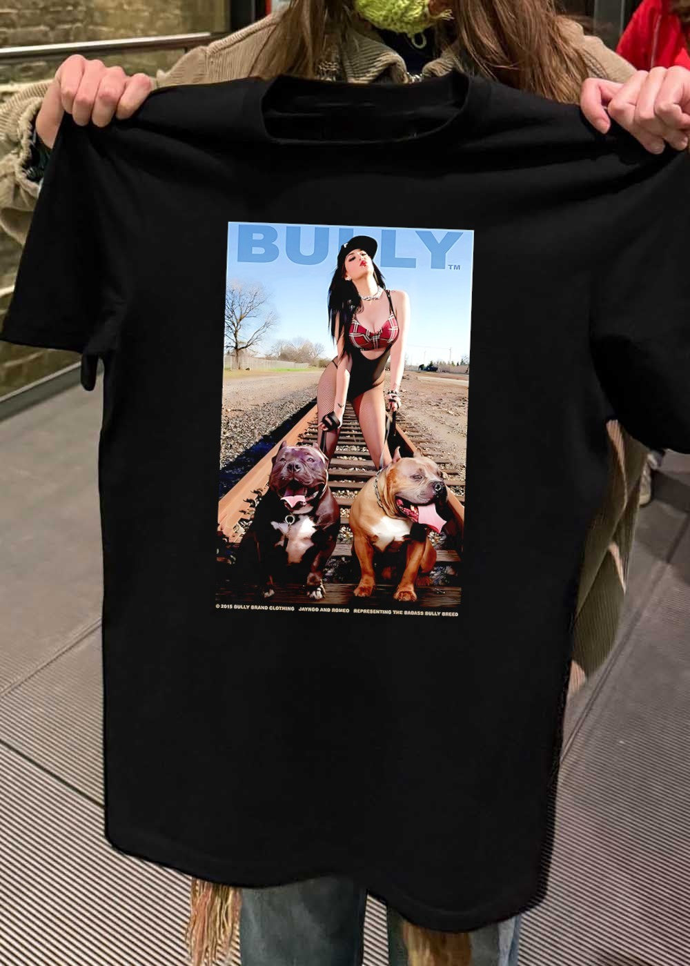 Bully Brand Cloyhing Jayngo and Romeo Representing the Badass Bully Breed Woman Walking Two Pitbulls on Train Tracks T-Shirt