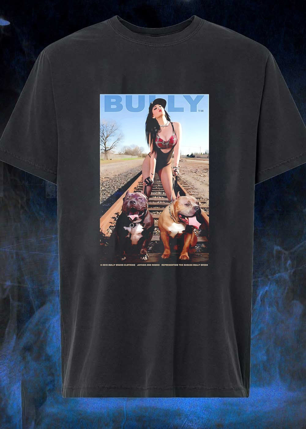 Bully Brand Cloyhing Jayngo and Romeo Representing the Badass Bully Breed Woman Walking Two Pitbulls on Train Tracks T-Shirt
