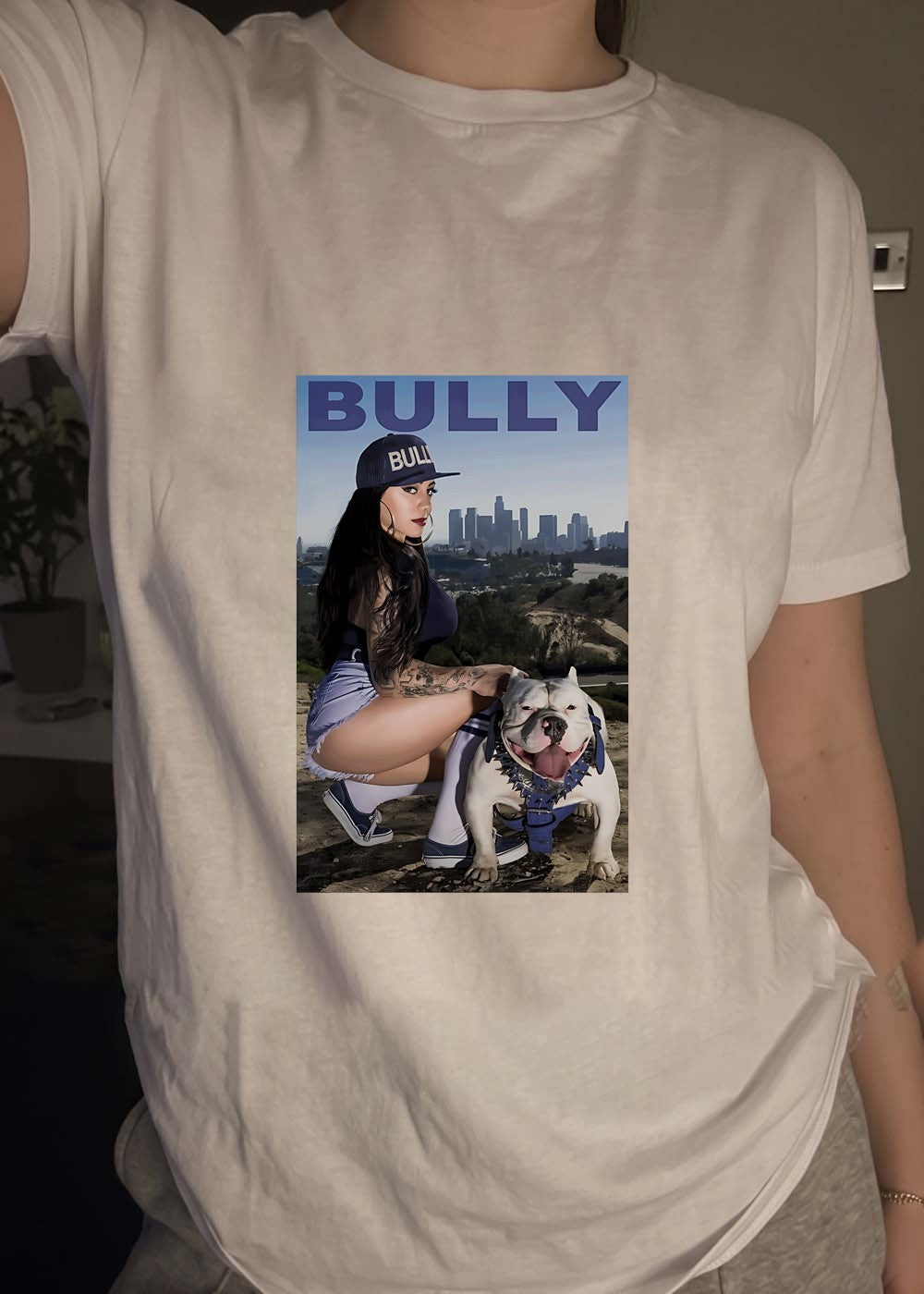 Bully Lifestyle Woman Squatting with Dog Poster Art T-Shirt