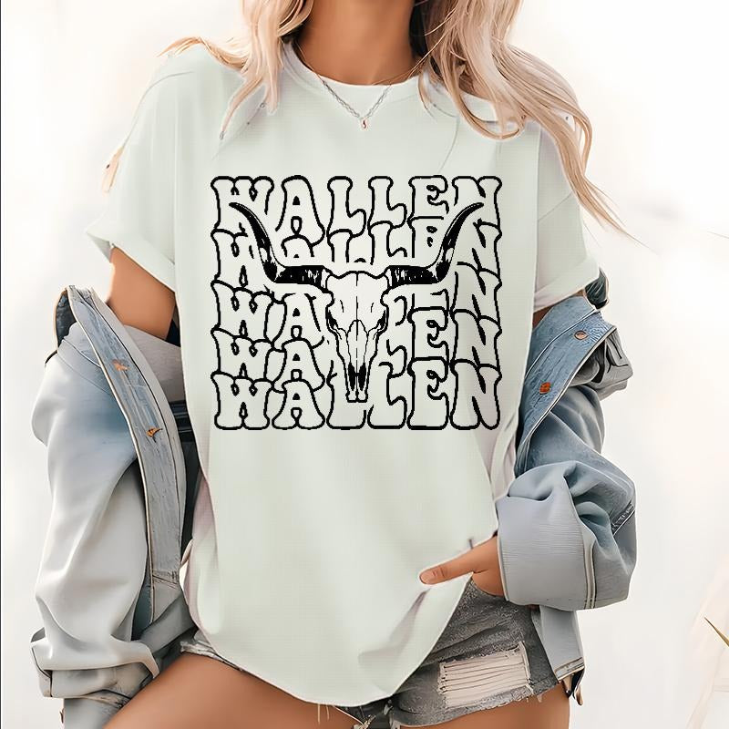 Bundle Retro Wall-en Bull Skull Walen Bundle Graphic Tops, Wall-en Bull Skull Pattern T Shirt, Walen Western Cowboy Tee,...