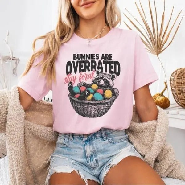Bunnies Are Overrated Stay Feral Shirt, Funny Easter Raccoon T-Shirt Graphic, Feral Easter Shirt, Women shirt, Trendy...