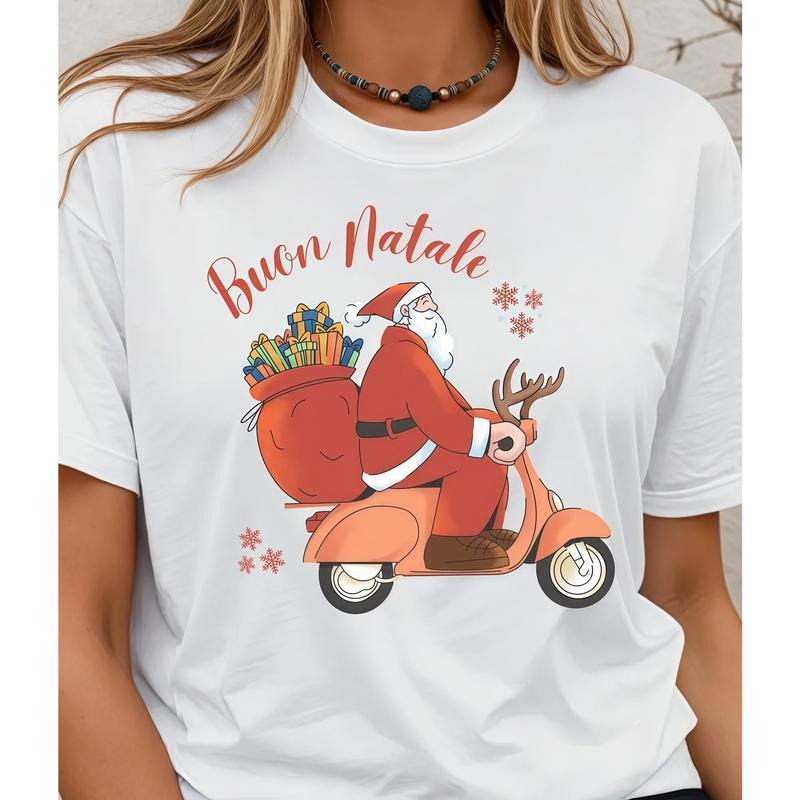 Buon Natale Santa on Scooter T-Shirt, Vintage Italian Christmas Graphic Tee, Retro Holiday Shirt, Holiday Gift Shirt, Fun...