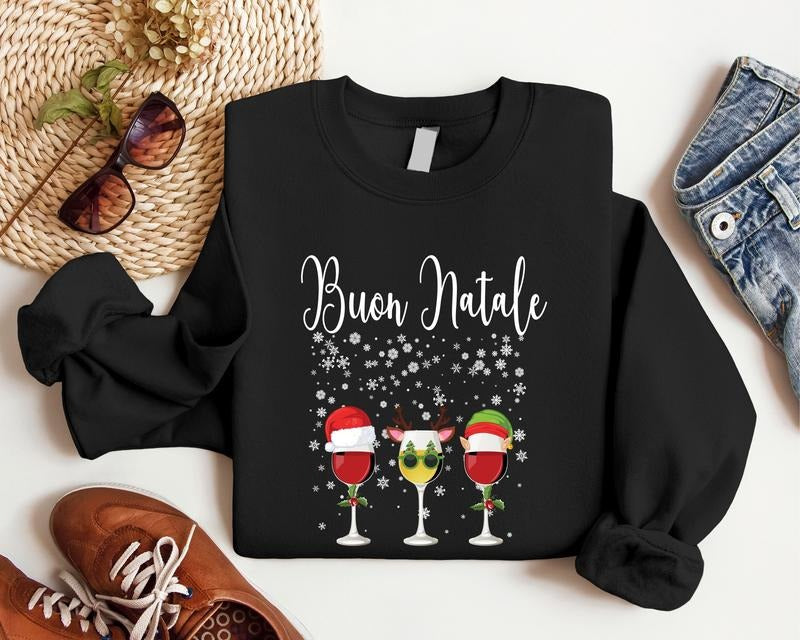 Buon Natale Sweatshirt, Italian Merry Christmas Sweater, Christmas Wine Gift Hoodie, Matching Family Group Holiday...