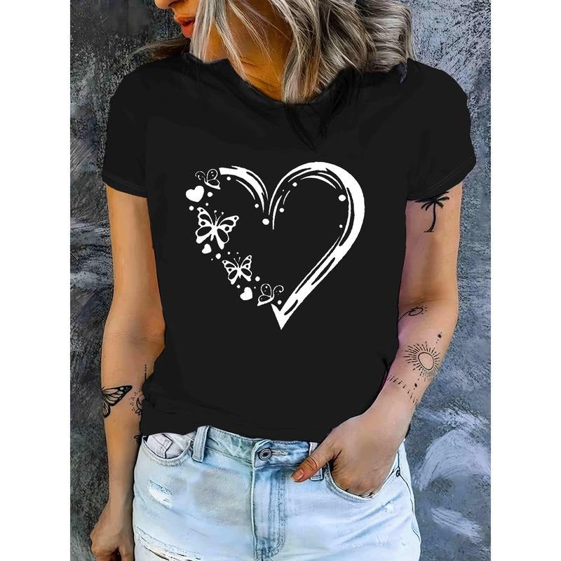 Butterfly Heart Print Crew Neck T-shirt, Casual Short Sleeve Summer Top, Women's Clothing Hoodie, Sweatshirt