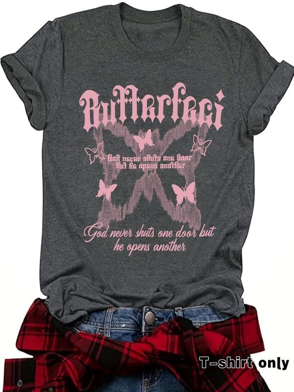 Butterfly Letter Print Vintage Style Women's Summer Casual Sports Top, Round Neck Short Sleeve T-Shirt, Comfortable...