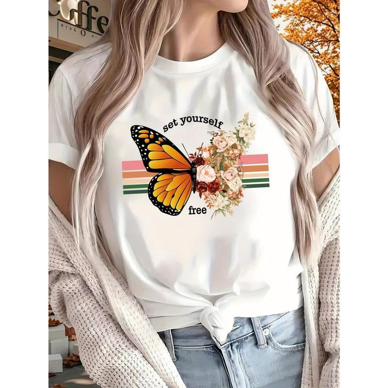 Butterfly New Women'S Printed T-shirt, Short Sleeves, Four Seasons Can Be Worn for Outdoor, Home, Sports Top Gift Hoodie,...