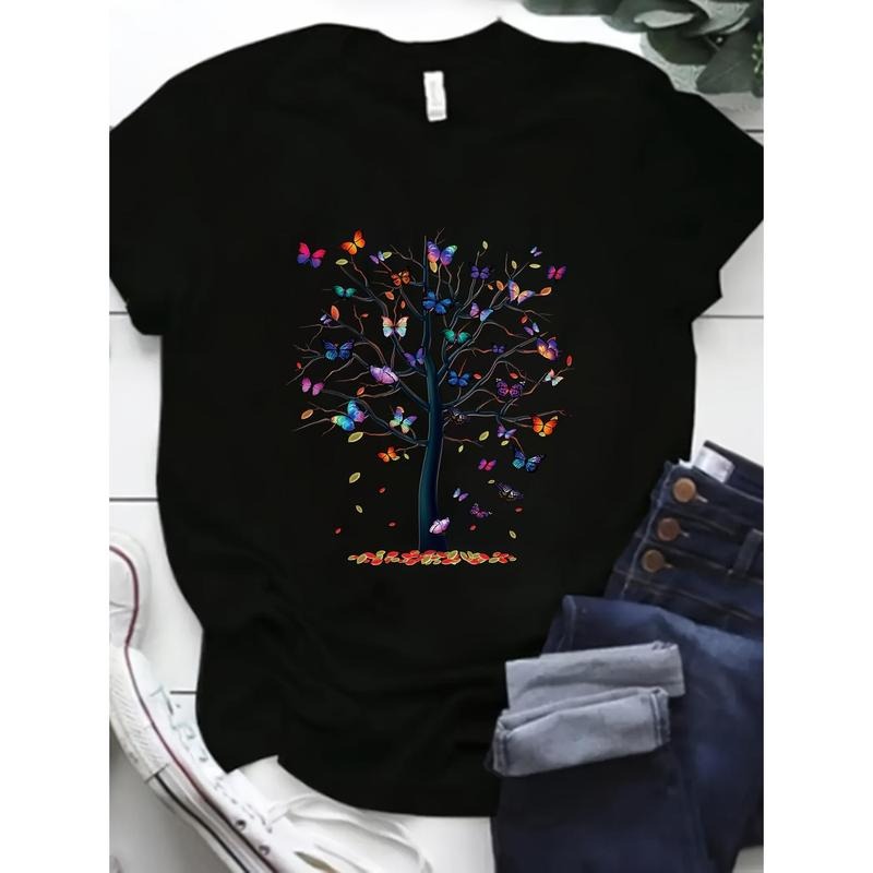 [Butterfly Print Casual Top Tee] Butterfly Tree Print T-Shirt, Short Sleeve Casual Top For Summer & Spring, Women's...