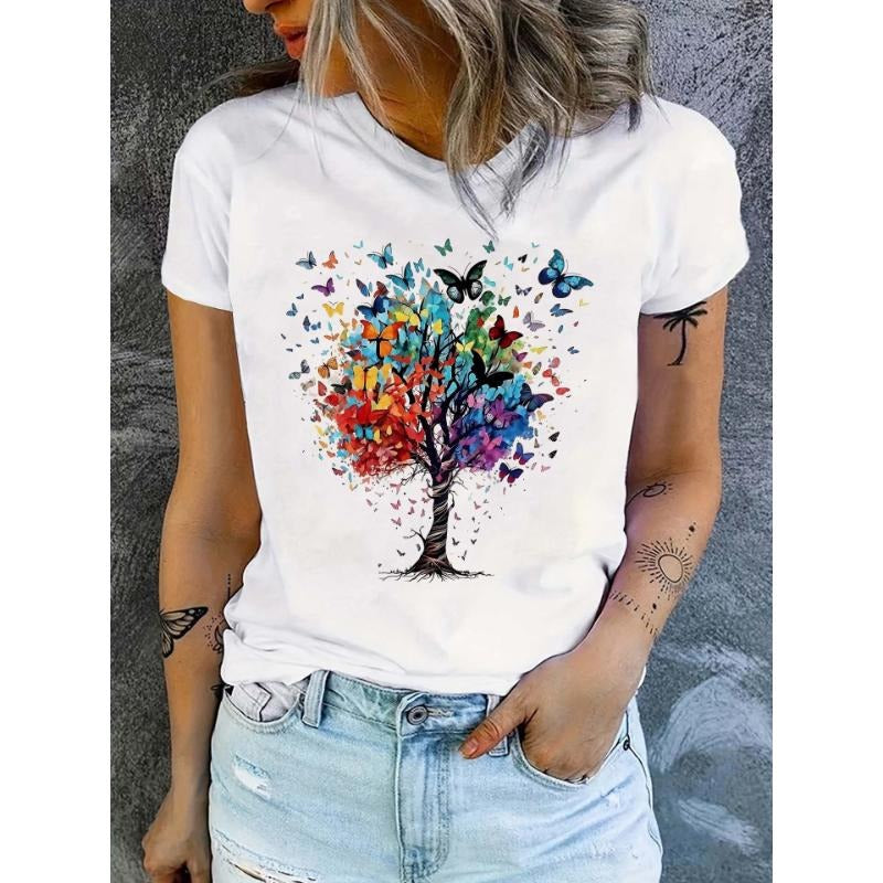Butterfly Print Crew Neck T-Shirt, Casual Short Sleeve T-Shirt For Spring & Summer, Women's Clothing Hoodie, Sweatshirt