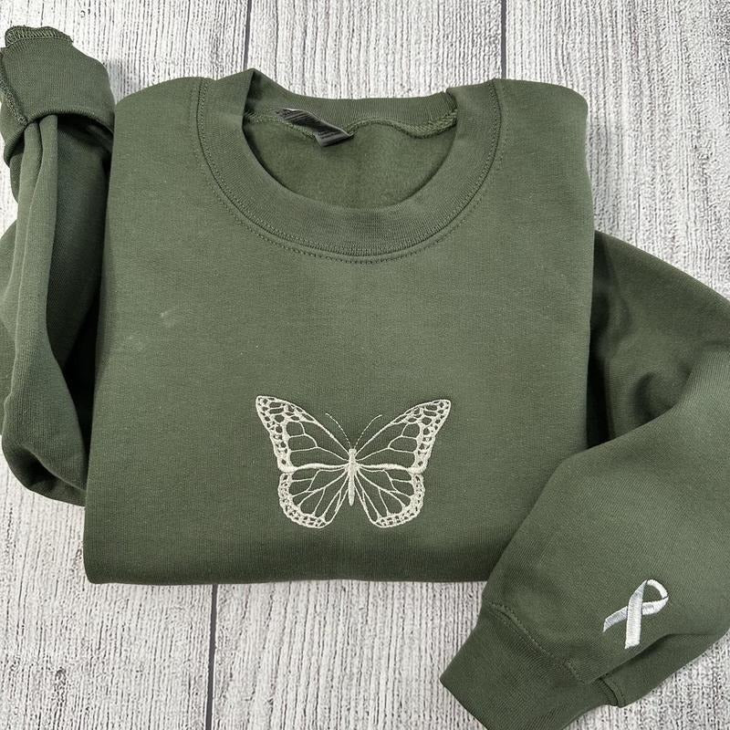 Butterfly embroidered sweatshirt; Ribbon on sleeve embroidered crewneck; gift for her T-Shirts, Hoodie | UrbanDripWear.com