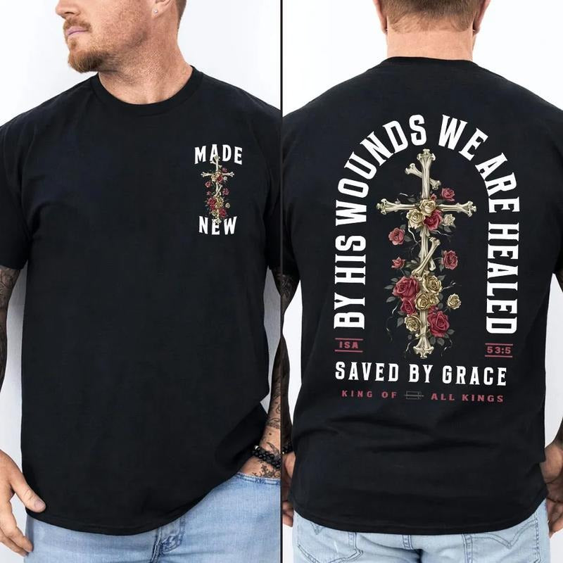 By His Wounds We Are Healed Christian T-Shirt Tee Pure Cotton Casual Street Style Crew Neck Short T-Shirt Tops Trendy For...