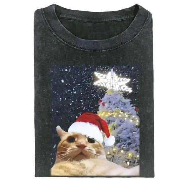 CAT CHRISTMAS TEE, Graphic T-shirt, Y2K 90s Graphic Shirt, gift for her, him, Womenswear Top, Christmas TShirt Hoodie,...