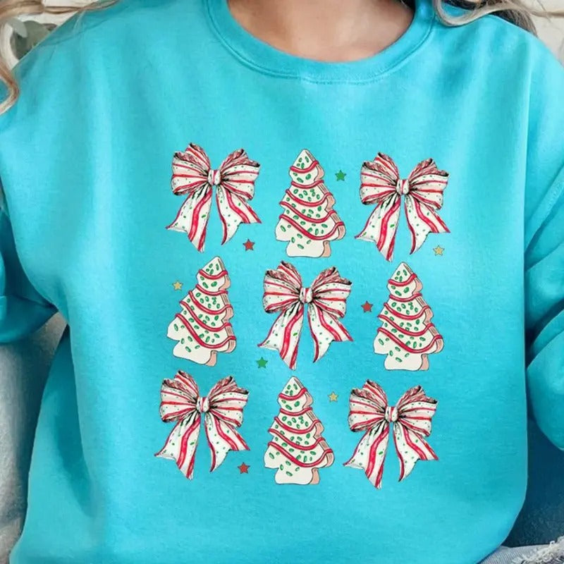 Cakes And Bows Christmas Unisex NuBlend Crew Sweatshirt CHRISTMAS 2024 Christmas Tree Cakes T-Shirts, Hoodie