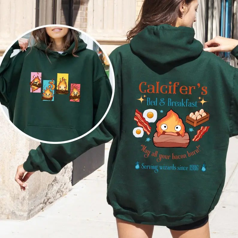 Calcifer 2 Sided Hoodie, Sweatshirt, Tshirt, Howls Moving Castle Shirt, Studio Ghibli, Anime | UrbanDripWear.com