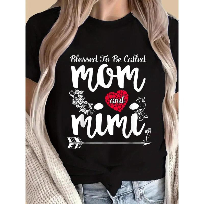 Called Mom And Mimi'S Blessing - Ladies Casual Pattern T-Shirt, Heart And Floral Design Short-Sleeve Top, Perfect...