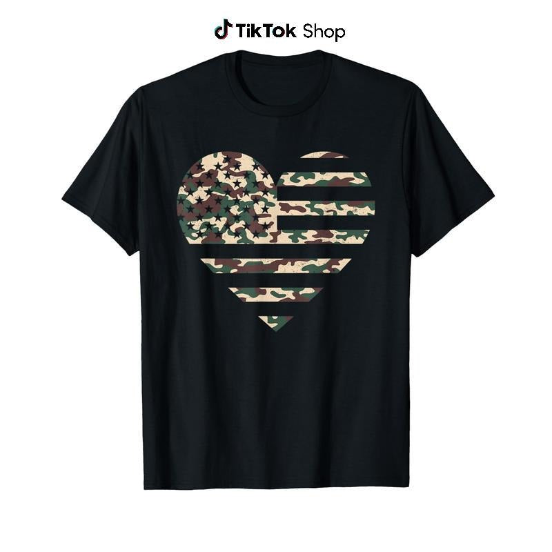 Camo American Flag Heart Camouflage Patriotic Veterans Day T Shirt Unisex T-Shirt, Funny T-Shirt, Trending T-shirt,...