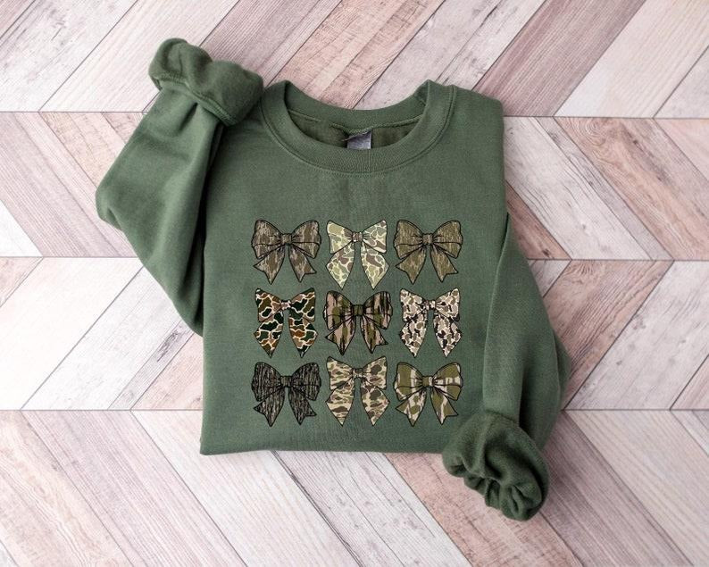 Camo Bow Sweatshirt, Camo Coquette Bow Shirt, Duck Hunting T-shirt, Hunting Lover Gift, Women's Camouflage Bow...