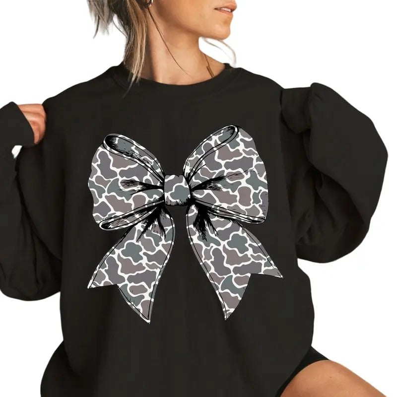 Camo Coquette Bow Duck Hunting Sweatshirt, Old School Camo Shirt, Camo Bow Shirt, Hunting Coquette Shirt- Women's Fall &...