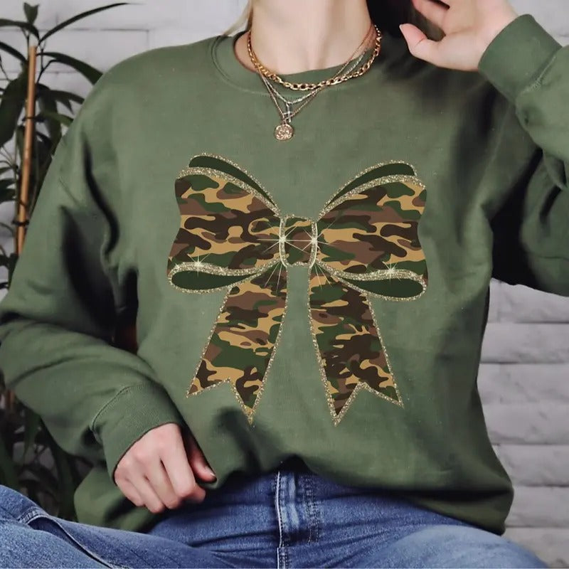 Camo Coquette Bow Glittery Effect Graphic Printed Sweatshirt, Camoflauge Coquette Shirt Hoodie | UrbanDripWear.com
