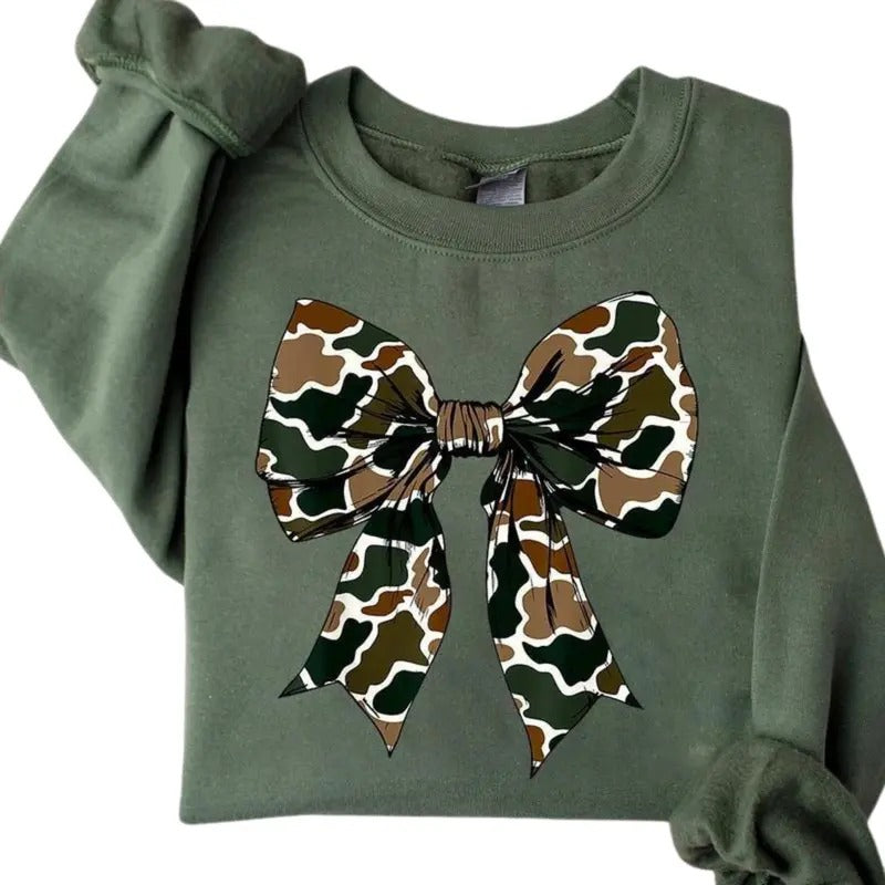 Camo Coquette Bow Sweater, Hunting Coquette Bow Sweatshirt, Camo Dude, Cozy Cotton Crewneck with a Stylish...