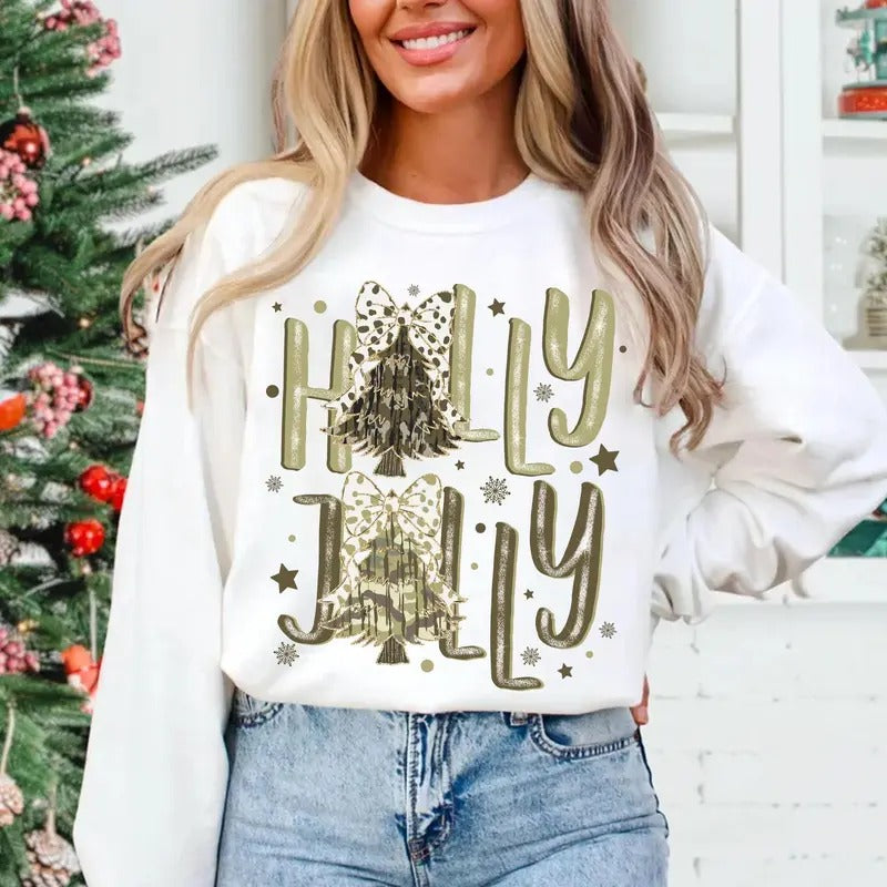 Camo Holly Jolly Christmas Graphic Printed Sweatshirt, Camo Christmas Tree Coquette Bow, Hunting Season Tee Hoodie